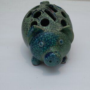Ceramic Blue/Green Painted Pig Holder Storage for Office Kitchen Etc Supplies